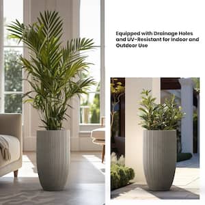 Medium Light Gray Tall Round Concrete Planter with Texture and Drainage Hole (13.5 in. L x 13.5 in. W x 24.5 in. H)