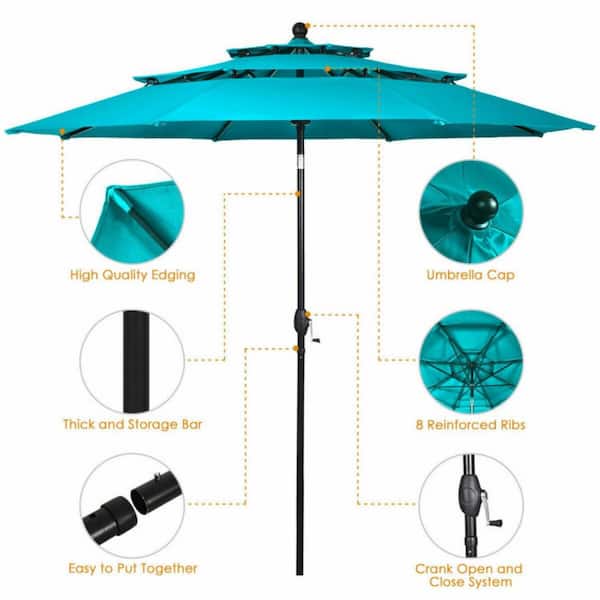 10 ft. 3-Tier Aluminum Outdoor Market Patio Umbrella Sunshade Shelter in Lake Blue with Double Vented
