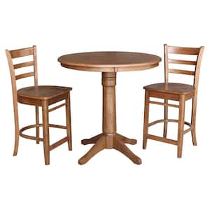 3-Piece 36 in. Distressed Oak Round Counter Height Dining Table and 2-Emily Stools
