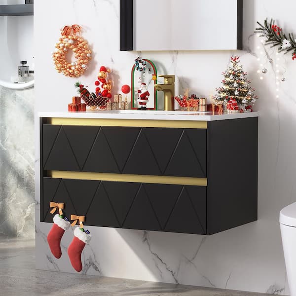 Steve 31 in.W x 19 in.D x 18 in.H Single Sink Wall Mount Bath Vanity in Black with White Solid Surface Top Unassembled