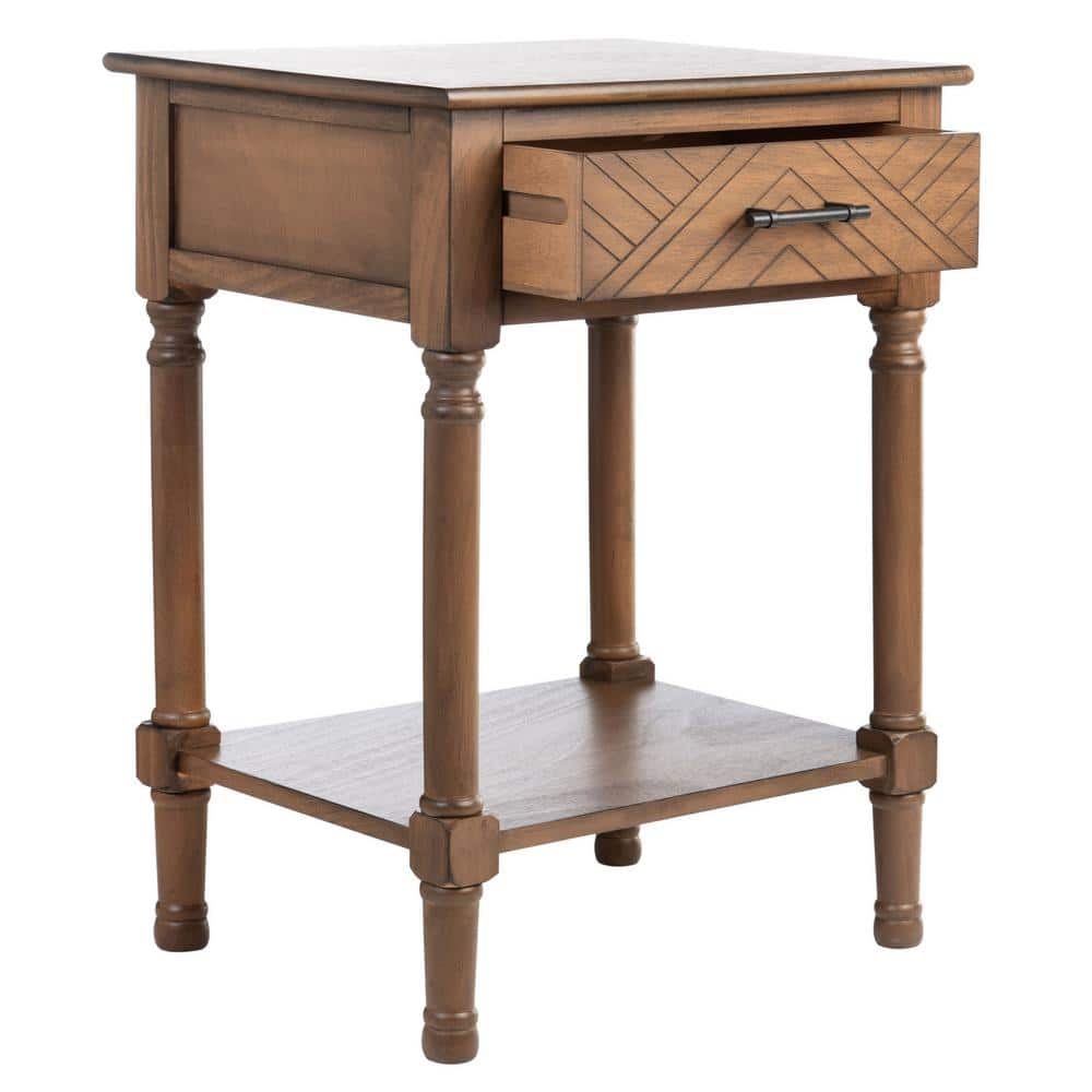 Peyton French Brown Wood Storage End Table with Herringbone Drawer