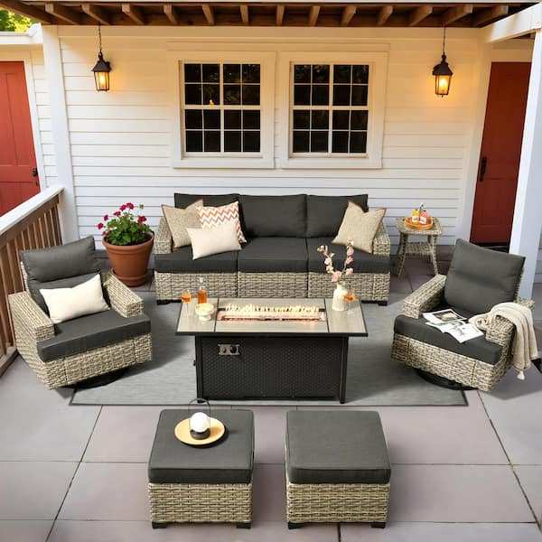 OVIOS Tiberte Gray 9-Piece Wicker Patio 54 in. Rectangle Fire Pit Conversation Set with Black Cushions and Swivel Chairs