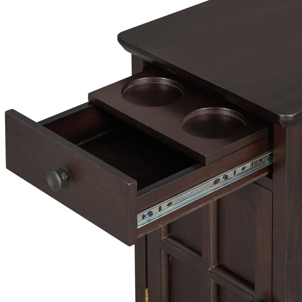 14 in. Antique Brown Rectangle Solid Wood End Table Side Table with USB Ports, Drawer, Cup Holders, No Assembly Need - thumbnail 2