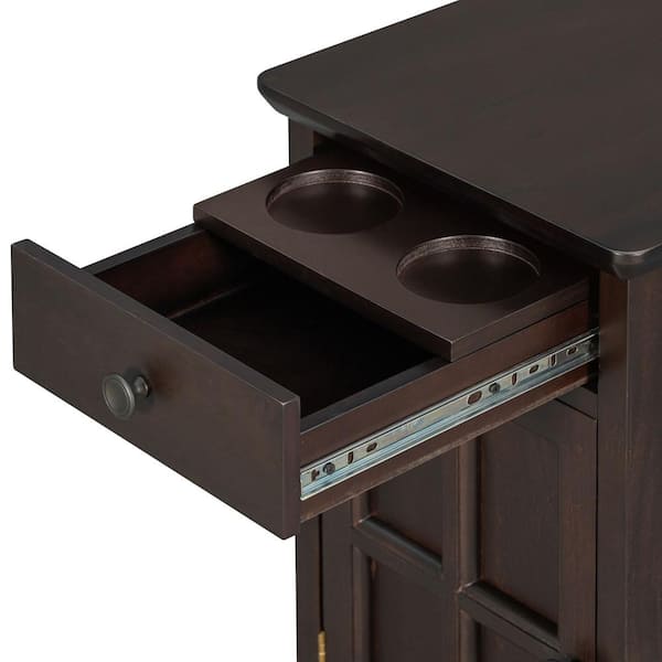 14 in. Antique Espresso Rectangle Solid Wood End Table Side Table with USB Ports, Drawer, Cup Holders, No Assembly Need