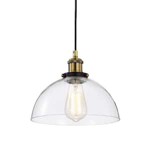 Mateo 10 in. 1-Light Black and Antique Brass Pendant Light with Clear Dome Glass Shade
