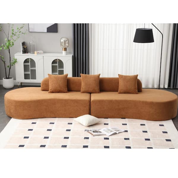 J&E Home 130.5 in. Brown Velvet 2-Piece Deep Seat Apartment Modular Curved Sectional Sofa