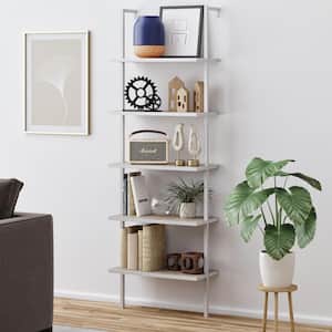 Theo Gray Oak 5-Shelf Ladder Bookcase or Bookshelf with White Metal Frame