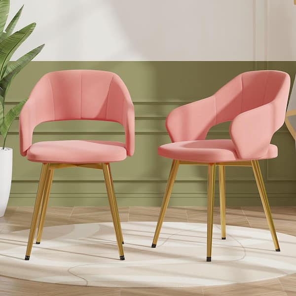 VECELO Elegant Pink Velvet Dining Chairs with Gold Metal
