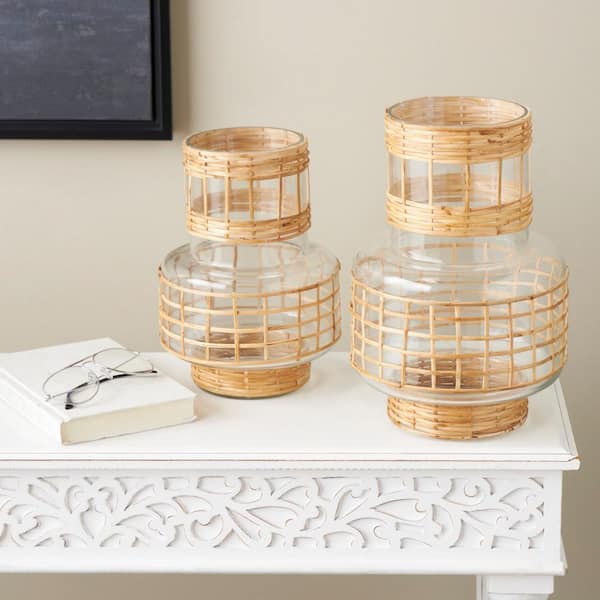 Litton Lane Clear Handmade Rattan Wrapped Glass Decorative Vase (Set of 2)