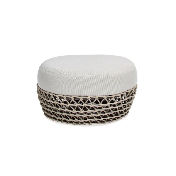 Jennifer Taylor Willow 25 in. Beige Aluminum Round Axroma Upholstered Woven Outdoor Patio Ottoman with Cushion