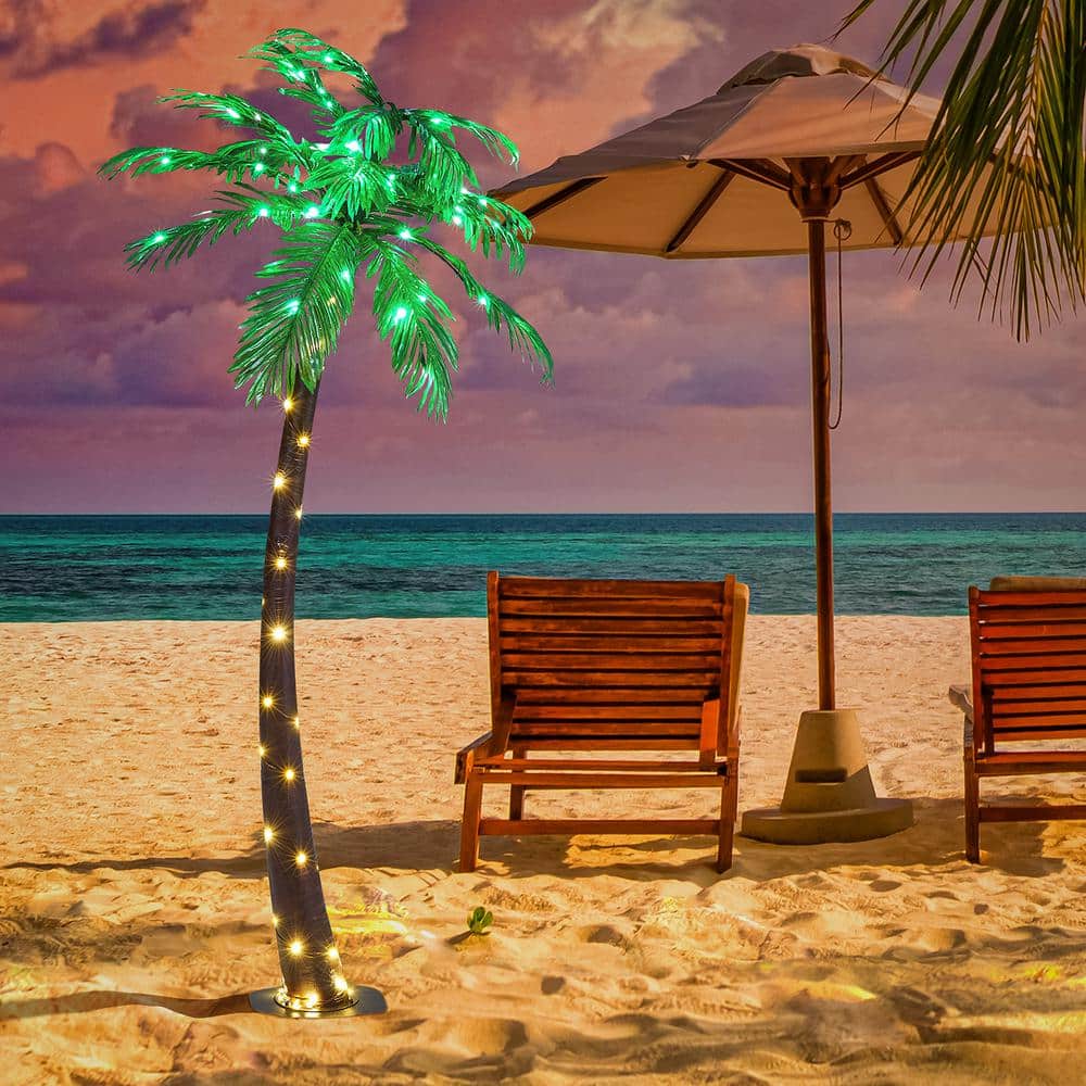 5-Foot Green LED Lighted Palm Tree with Plastic Leaves