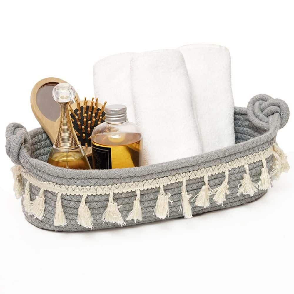 Dracelo Multiuse Hand Woven Plastic Wicker Basket with Divider for Organizing, Countertop Organizer Storage, Gray Wash