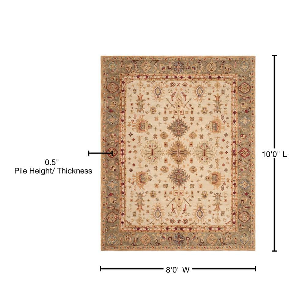 Ivory and Green Handmade Wool Tufted 8' x 10' Area Rug