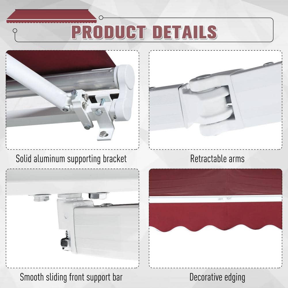 Wine Red Manual Retractable Patio Awning with Aluminum Frame