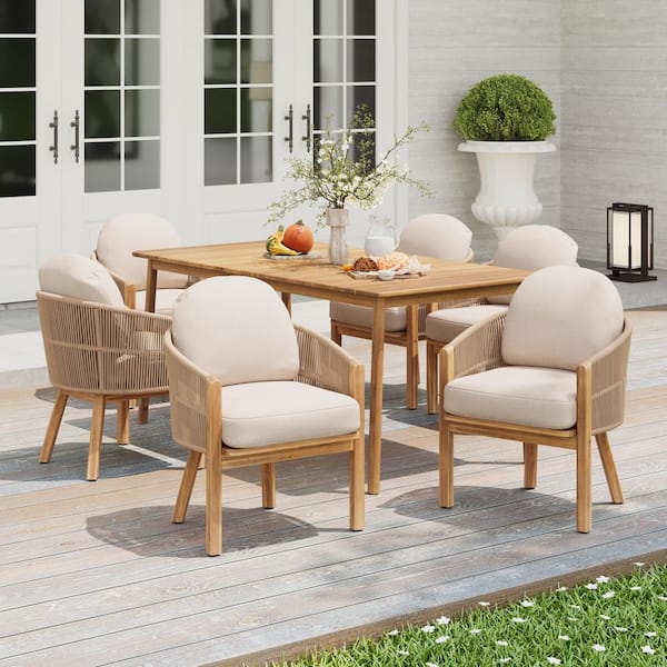 CHRISTOPHER KNIGHT HOME Grotta Boho 7-Piece Patio Rope Weave and Solid Wood Outdoor Dining Set with Beige Cushions, Curved Back, Teak + Beige