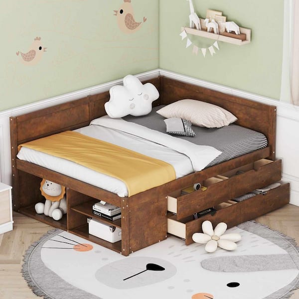 Walnut Full Size Daybed with Drawers and Shelves