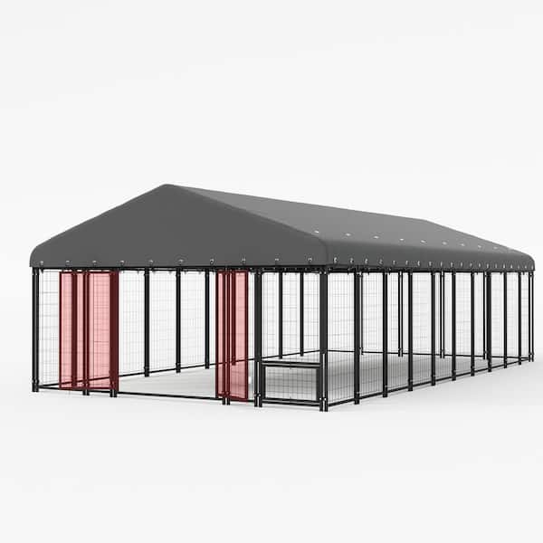 10 ft. x 20 ft. Large Dog Kennel Outdoor Dog Enclosure with Feeding and Double Swing Doors and Weatherproof Dog Cage