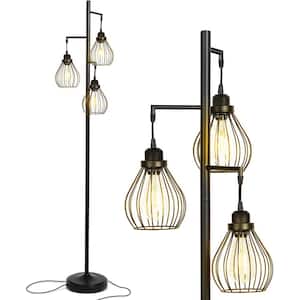 Teardrop 68 in. Black LED Floor Lamp with 3 Cage Shades and Edison Bulbs