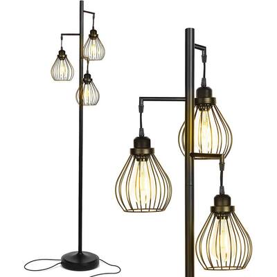 Brightech Teardrop 68 in. Black LED Floor Lamp with 3 Cage Shades and Edison Bulbs