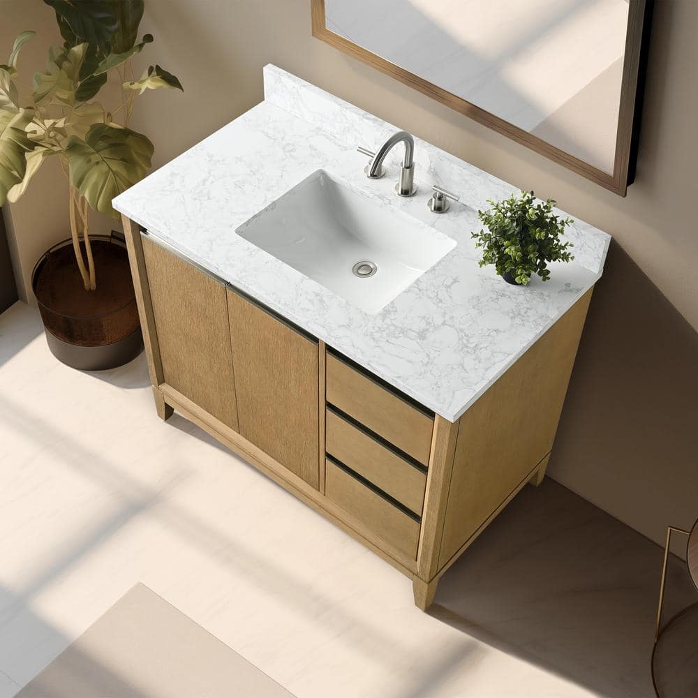 Natural Oak Single Sink Bathroom Vanity with Marble Top
