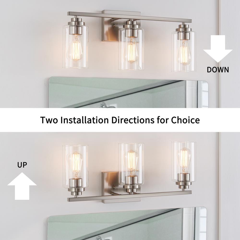 Brushed Nickel 3-Light Cylinder Glass Outdoor Vanity Fixture