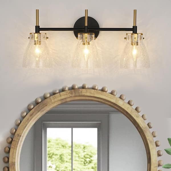 Nimbus 21.7 in. W 3-Light Matte Black Bathroom Vanity Light Modern Wall Light with Bell Cracked Glass for Bedroom