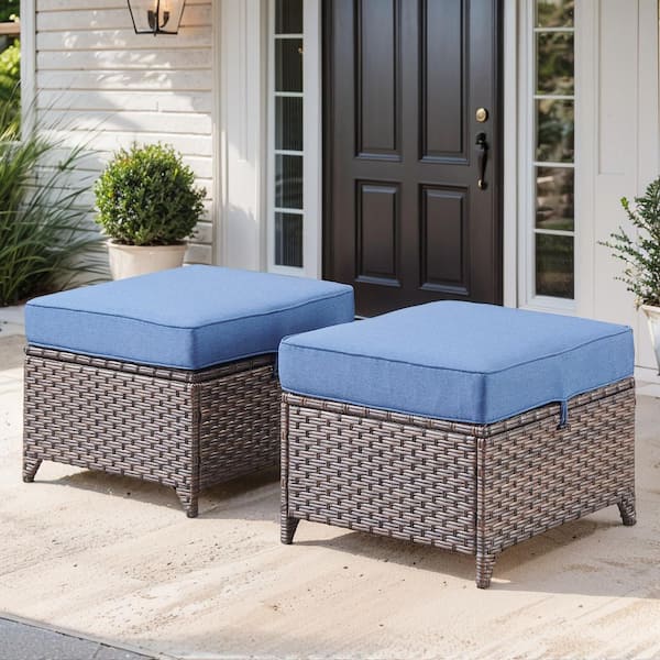 Brown Wicker Outdoor Ottoman, All-Weather Rattan Ottoman with Navy Blue Cushions for Patio or Backyard Porch (2-Pack)