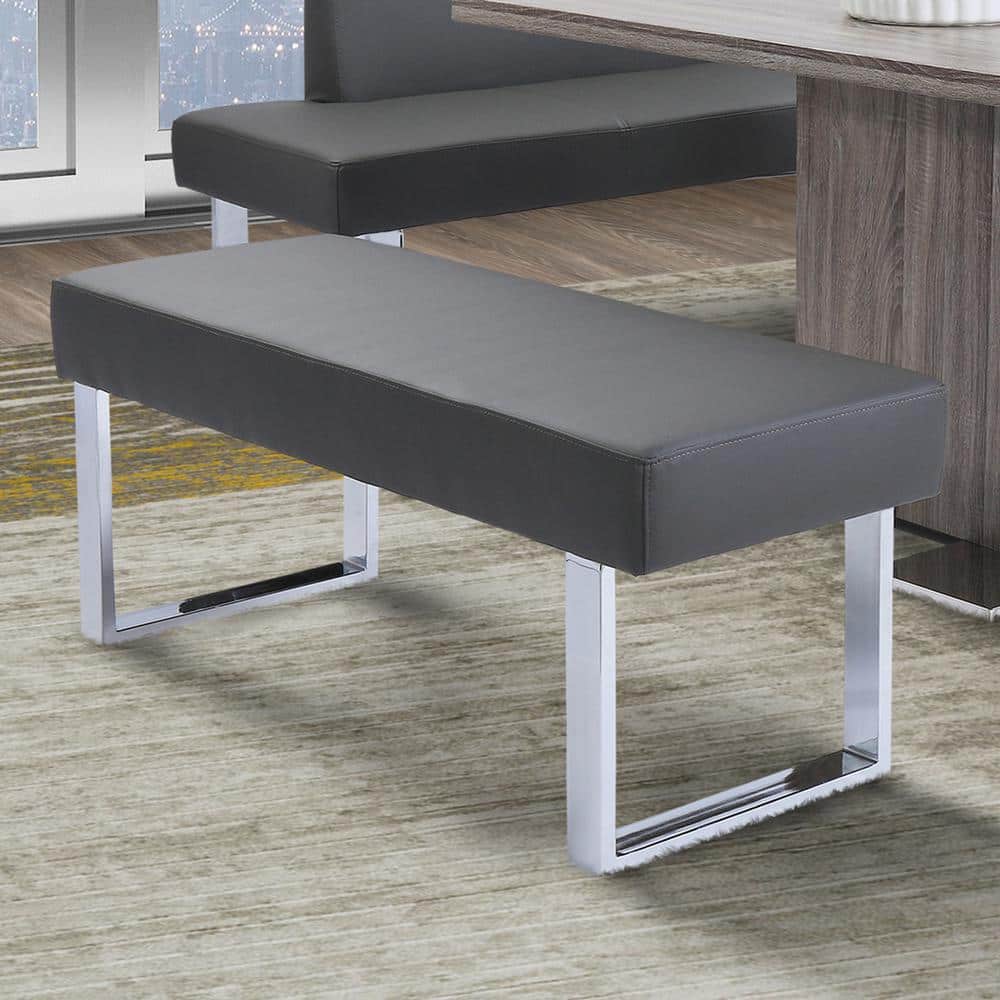 Amanda 48'' Gray Faux Leather and Chrome Bench