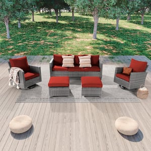 Patio Outdoor Grey 5-Piece Rattan Conversation Seating Set Thickening With Swiveling Rocker, Rust Red Cushion
