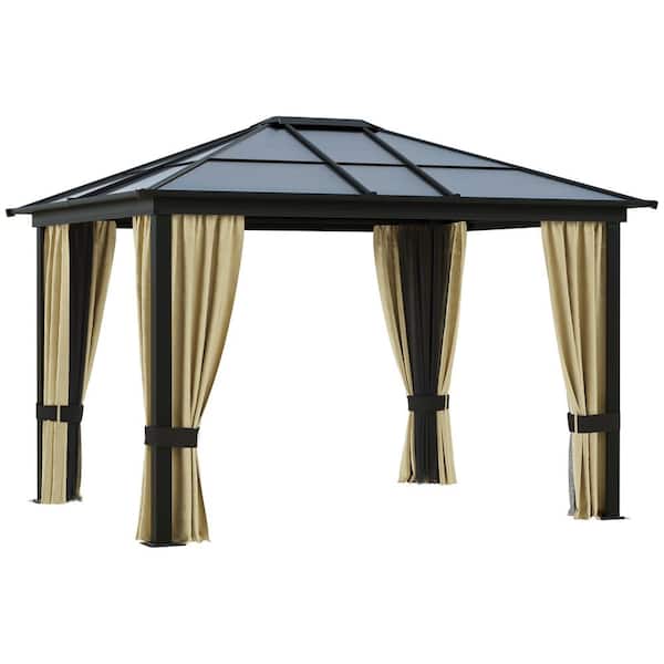 Zeus & Ruta 10 ft. x 12 ft. Hardtop Aluminum Gazebo Canopy with Polycarbonate Roof with Netting and Beige Curtains for Patio Garden