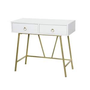 Modern Home Office Desk 35.4 in. Makeup Vanity Table White 2-Drawers Writing Computer Desk with Golden Legs