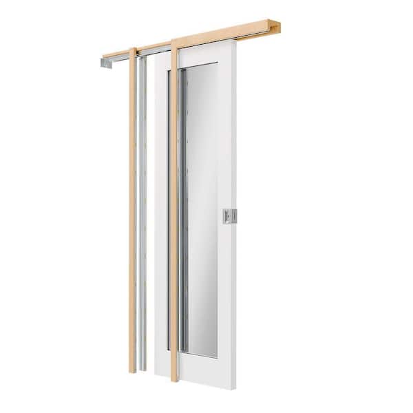 30 in. x 80 in. Full Lite Mirrored Glass White Primed Solid Wood Pocket Door with Lock, Soft Close, Frame and Hardware
