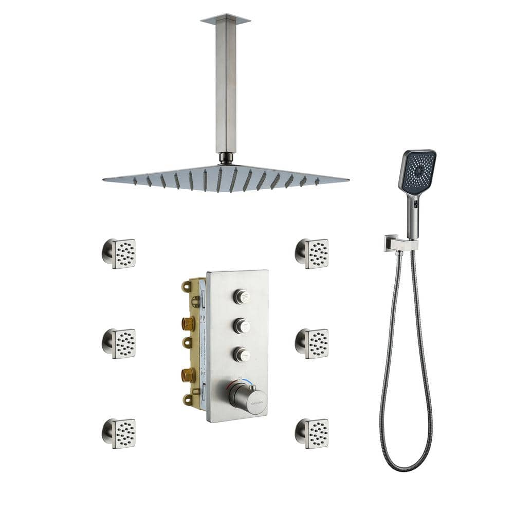 CASAINC Luxury Thermostatic 3-Spray Patterns 12 in. Flush Ceiling Mount Rainfall Dual Shower Heads with 6-Jets in Brushed Nickel