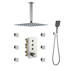 Luxury Thermostatic 3-Spray Patterns 12 in. Flush Ceiling Mount Rainfall Dual Shower Heads with 6-Jets in Brushed Nickel