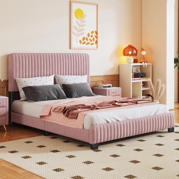 Harper & Bright Designs Pink Wood Frame Queen Size Velvet Upholstered Platform Bed with Height Adjustable Headboard