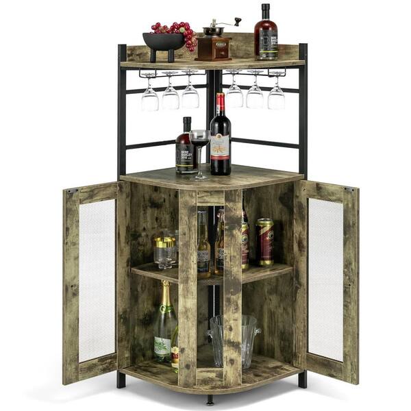 Costway Rustic Brown MDF 19 in. Sideboards Corner Bar Cabinet Industrial  Liquor Wine Cabinet with Glass Holder and Mesh Doors JV10860CF - The Home  Depot