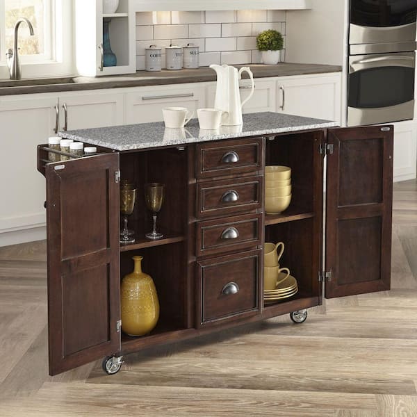 Home Styles Country Comfort Aged Bourbon Kitchen Cart With Grey Granite Top