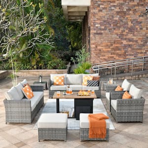 Eufaula Gray 13-Piece Wicker Outdoor Patio Conversation Sofa Set with a Storage Fire Pit and Coarse Beige Cushions