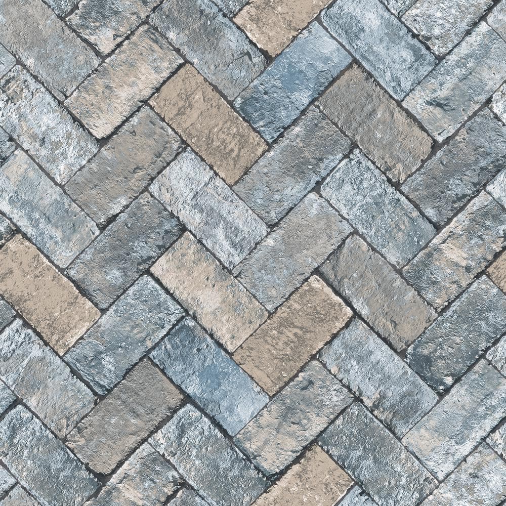 Herringbone Brick Blue/Taupe Design Matte Finish Vinyl on Non-Woven Non-Pas