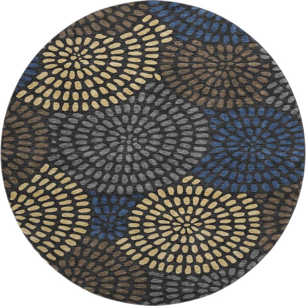 Mayfield Premium Machine Washable Abstract AMF2492 Black 8 ft. x 8 ft. Round Rug