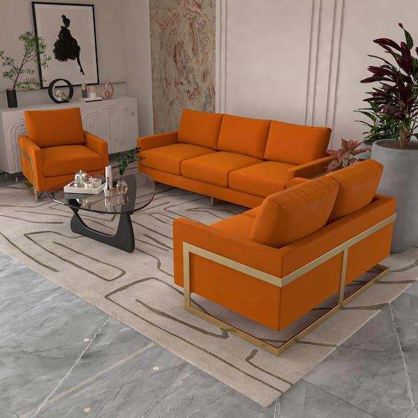 3-Piece Sofa Set Upholstered in Velvet with Gold Stainless Steel Base and Removable Cushions in Orange Marmalade