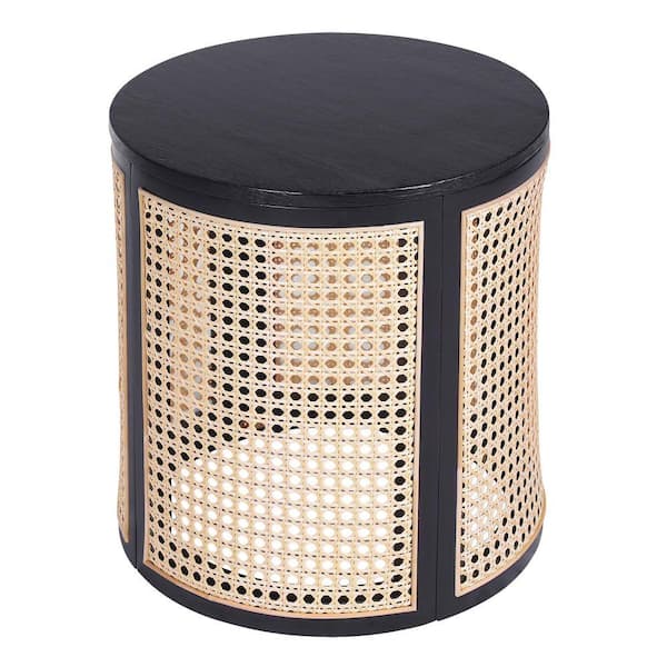 15.70 in. Round Side Table, with A Hollow Woven Design and a Round Wooden Tabletop in Black