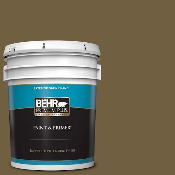 BEHR PREMIUM PLUS 5 gal. #360F-7 Olive Shadow Satin Enamel Exterior Paint & Primer