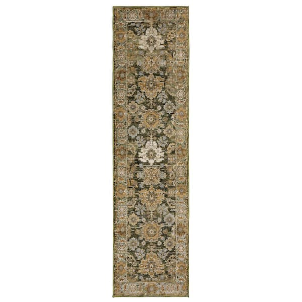 2 X 8 Green, Gold Oriental Washable Area Rug Runner Rug