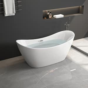 67 in. Acrylic Oval Freestanding Double Slipper Non Whirlpool White Soaking Hot Bathtub with Chrome Overflow and Drain