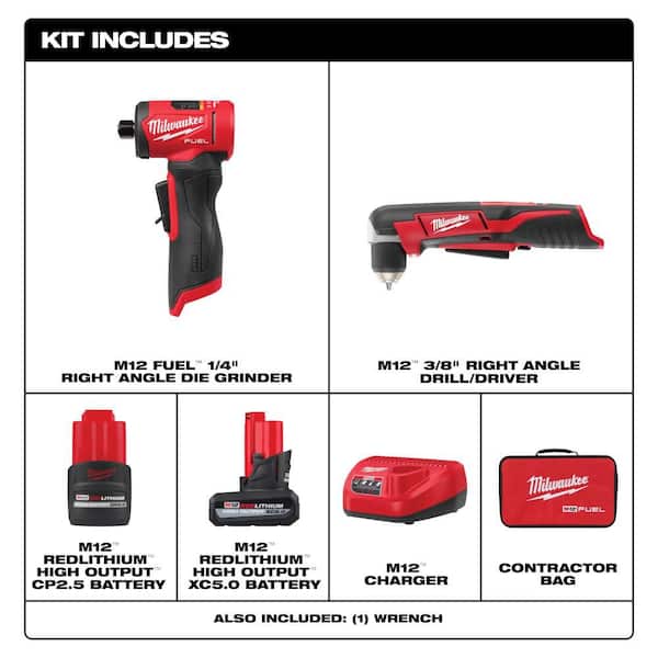 M12 FUEL 12V Lithium-Ion Brushless Cordless 1/4 in. Right Angle Die Grinder with M12 Cordless Right Angle Drill
