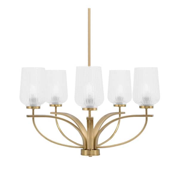 Unbranded Olympia 5-Light New Age Brass Round Chandelier with 5 in. Clear Textured Glass Shades, No bulbs included