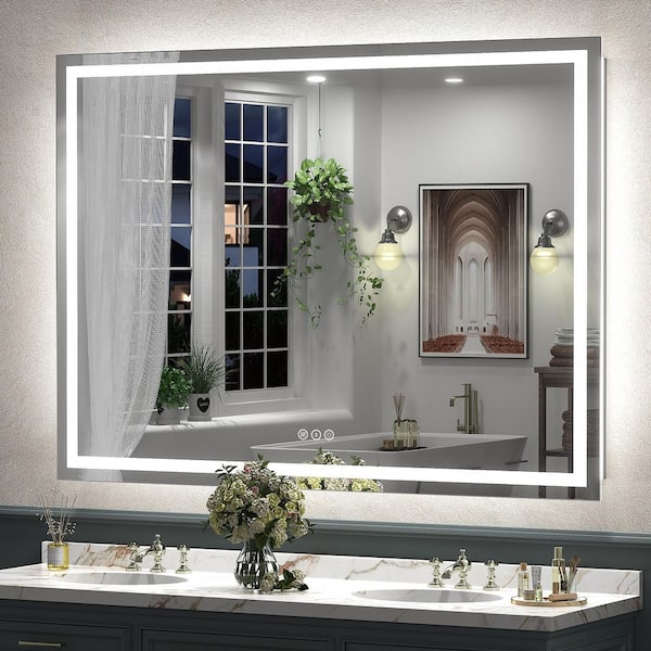 55 in. W x 40 in. H Rectangular Frameless Front and Back LED Lighted Anti-Fog Tempered Glass Wall Bathroom Vanity Mirror