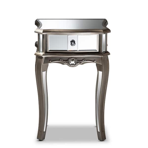 Baxton Studio Elgin 1-Drawer Silver and Mirror Nightstand (29.1 in. H x 18.9 in. W x 13.4 in. D)
