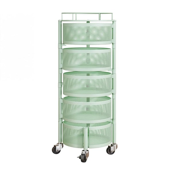 1 Piece 5 Tier Rotating Metal Wire Fruit Vegetable Basket Bowls Set with Wheels for Kitchen Pantry Countertop in Green